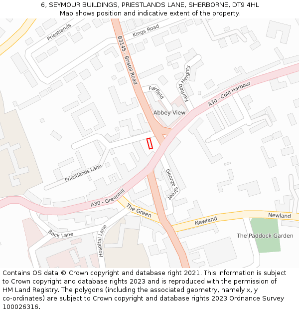 6, SEYMOUR BUILDINGS, PRIESTLANDS LANE, SHERBORNE, DT9 4HL: Location map and indicative extent of plot