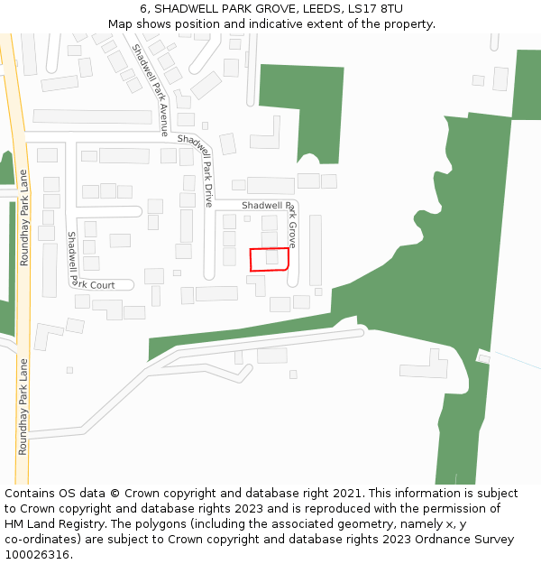 6, SHADWELL PARK GROVE, LEEDS, LS17 8TU: Location map and indicative extent of plot