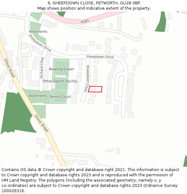 6, SHEEPDOWN CLOSE, PETWORTH, GU28 0BP: Location map and indicative extent of plot