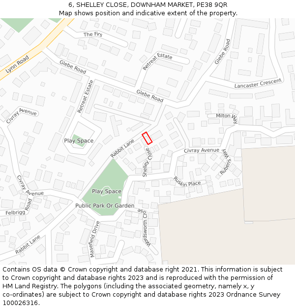6, SHELLEY CLOSE, DOWNHAM MARKET, PE38 9QR: Location map and indicative extent of plot