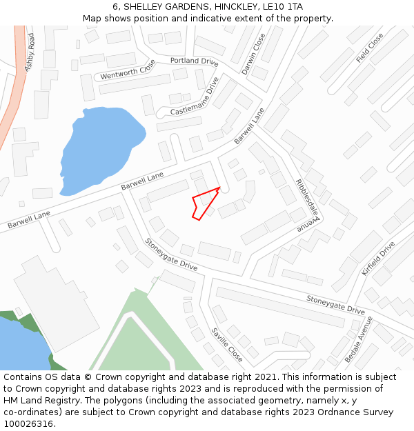 6, SHELLEY GARDENS, HINCKLEY, LE10 1TA: Location map and indicative extent of plot