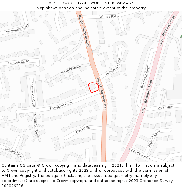 6, SHERWOOD LANE, WORCESTER, WR2 4NY: Location map and indicative extent of plot