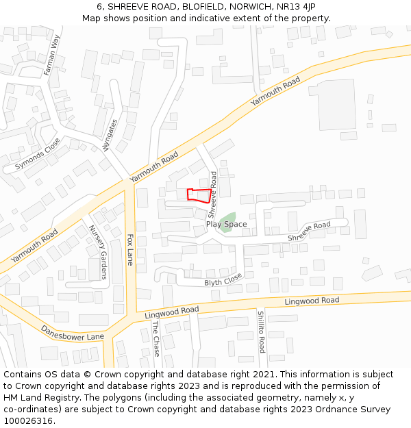 6, SHREEVE ROAD, BLOFIELD, NORWICH, NR13 4JP: Location map and indicative extent of plot