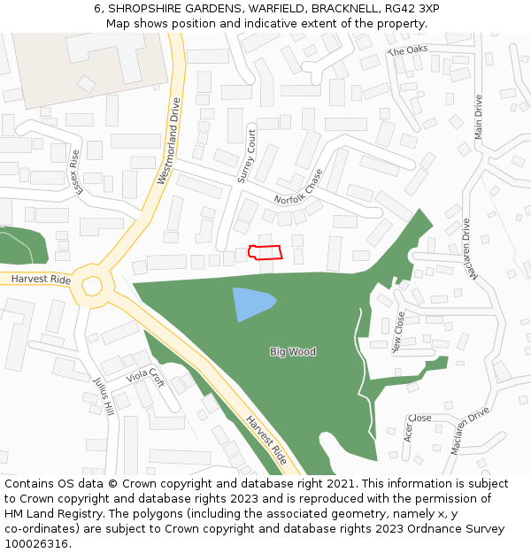 6, SHROPSHIRE GARDENS, WARFIELD, BRACKNELL, RG42 3XP: Location map and indicative extent of plot