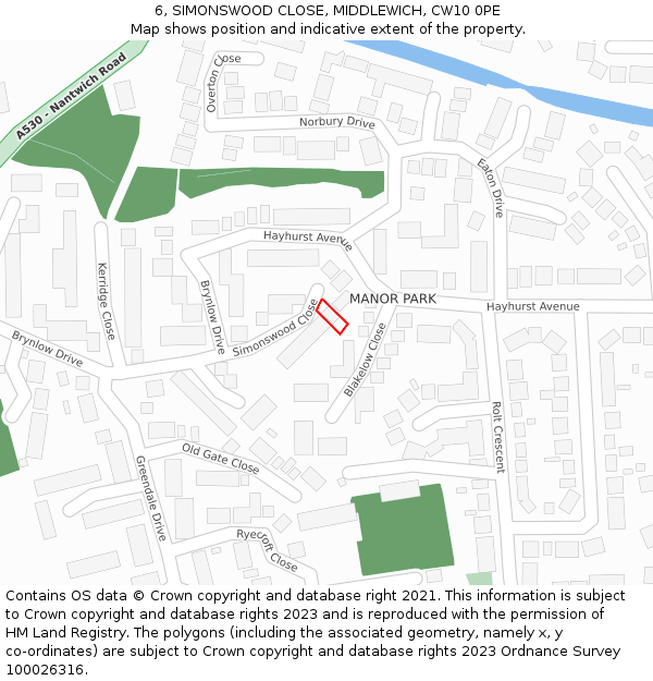 6, SIMONSWOOD CLOSE, MIDDLEWICH, CW10 0PE: Location map and indicative extent of plot