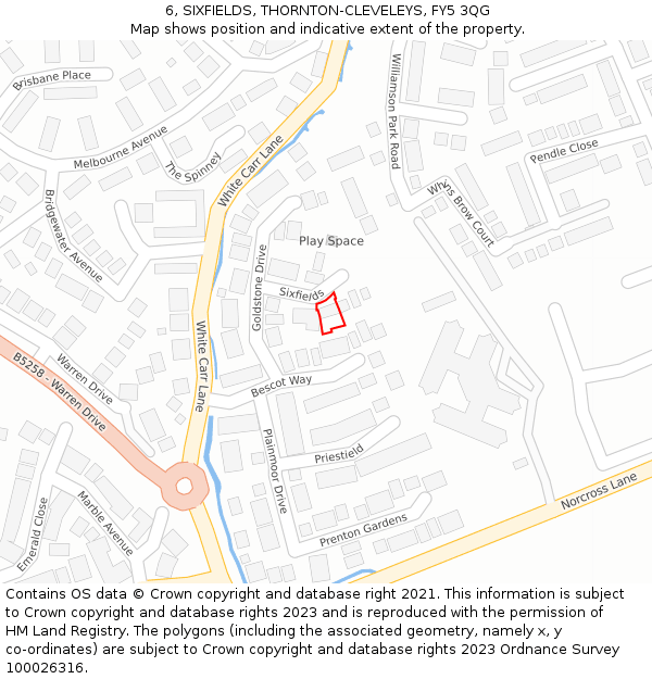 6, SIXFIELDS, THORNTON-CLEVELEYS, FY5 3QG: Location map and indicative extent of plot