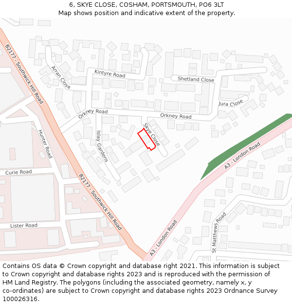 6, SKYE CLOSE, COSHAM, PORTSMOUTH, PO6 3LT: Location map and indicative extent of plot