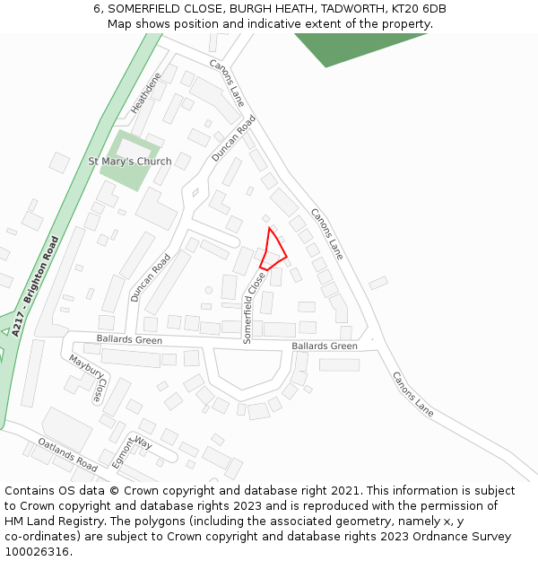 6, SOMERFIELD CLOSE, BURGH HEATH, TADWORTH, KT20 6DB: Location map and indicative extent of plot