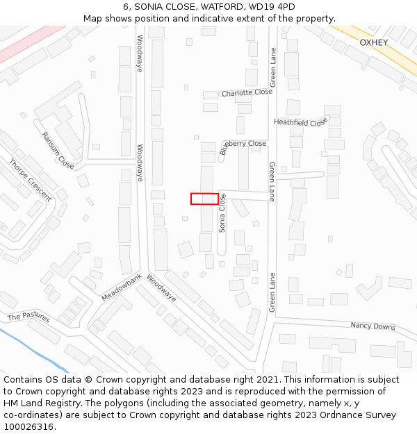 6, SONIA CLOSE, WATFORD, WD19 4PD: Location map and indicative extent of plot