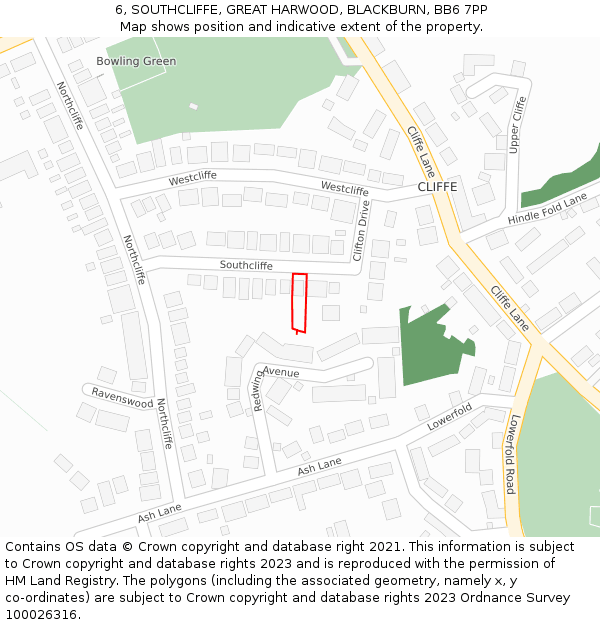 6, SOUTHCLIFFE, GREAT HARWOOD, BLACKBURN, BB6 7PP: Location map and indicative extent of plot