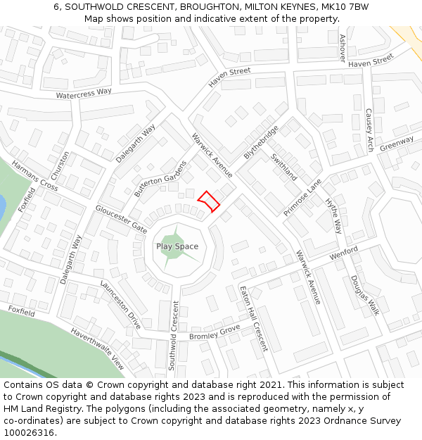 6, SOUTHWOLD CRESCENT, BROUGHTON, MILTON KEYNES, MK10 7BW: Location map and indicative extent of plot