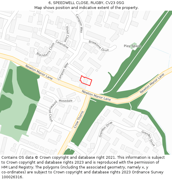 6, SPEEDWELL CLOSE, RUGBY, CV23 0SG: Location map and indicative extent of plot