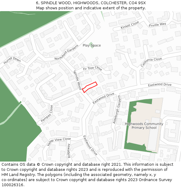6, SPINDLE WOOD, HIGHWOODS, COLCHESTER, CO4 9SX: Location map and indicative extent of plot
