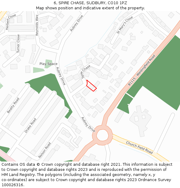 6, SPIRE CHASE, SUDBURY, CO10 1PZ: Location map and indicative extent of plot