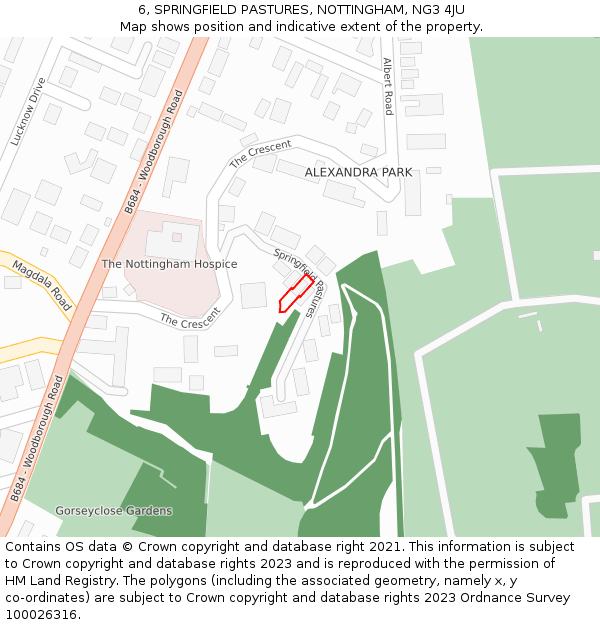 6, SPRINGFIELD PASTURES, NOTTINGHAM, NG3 4JU: Location map and indicative extent of plot