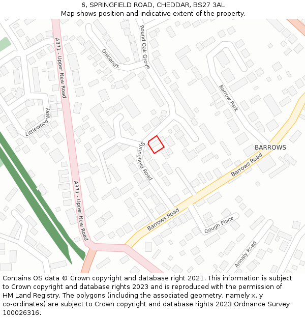 6, SPRINGFIELD ROAD, CHEDDAR, BS27 3AL: Location map and indicative extent of plot