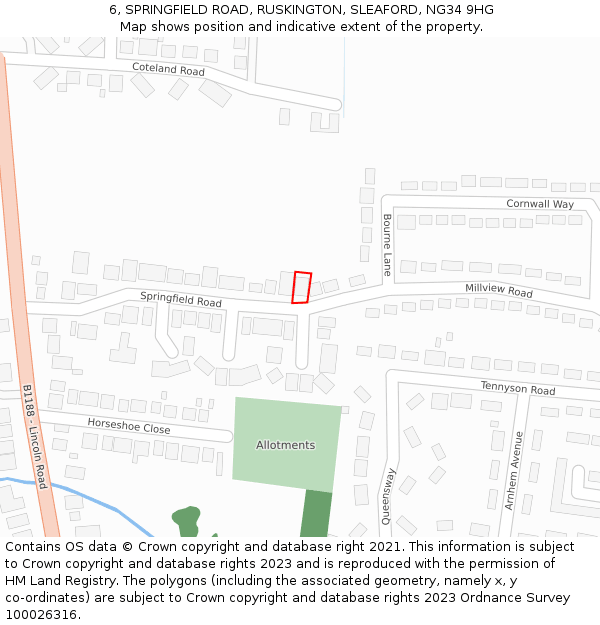 6, SPRINGFIELD ROAD, RUSKINGTON, SLEAFORD, NG34 9HG: Location map and indicative extent of plot