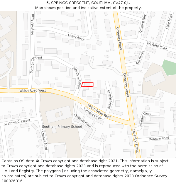 6, SPRINGS CRESCENT, SOUTHAM, CV47 0JU: Location map and indicative extent of plot