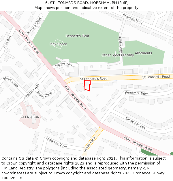 6, ST LEONARDS ROAD, HORSHAM, RH13 6EJ: Location map and indicative extent of plot
