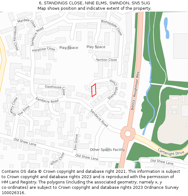 6, STANDINGS CLOSE, NINE ELMS, SWINDON, SN5 5UG: Location map and indicative extent of plot