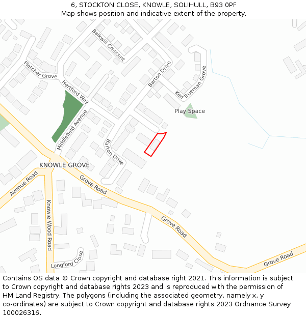 6, STOCKTON CLOSE, KNOWLE, SOLIHULL, B93 0PF: Location map and indicative extent of plot