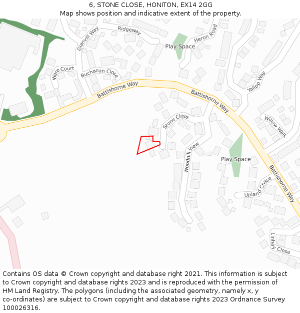 6, STONE CLOSE, HONITON, EX14 2GG: Location map and indicative extent of plot