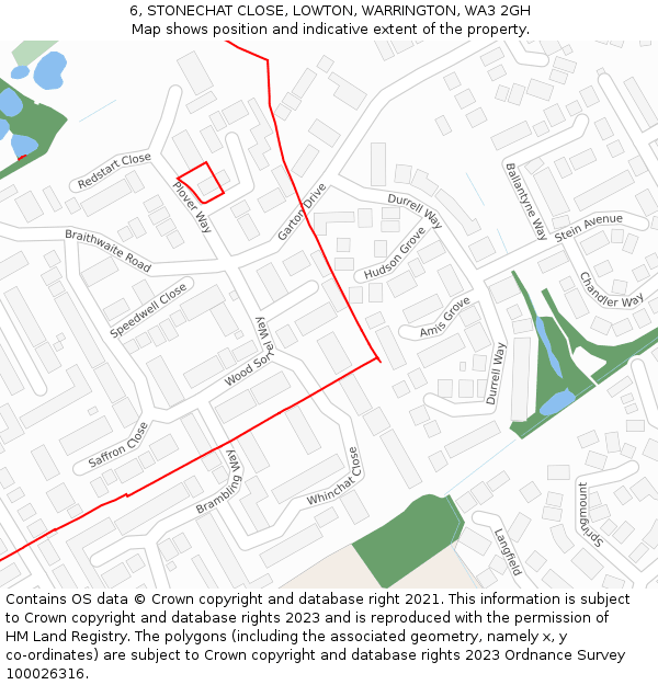 6, STONECHAT CLOSE, LOWTON, WARRINGTON, WA3 2GH: Location map and indicative extent of plot