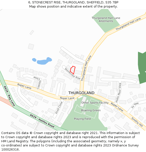 6, STONECREST RISE, THURGOLAND, SHEFFIELD, S35 7BP: Location map and indicative extent of plot