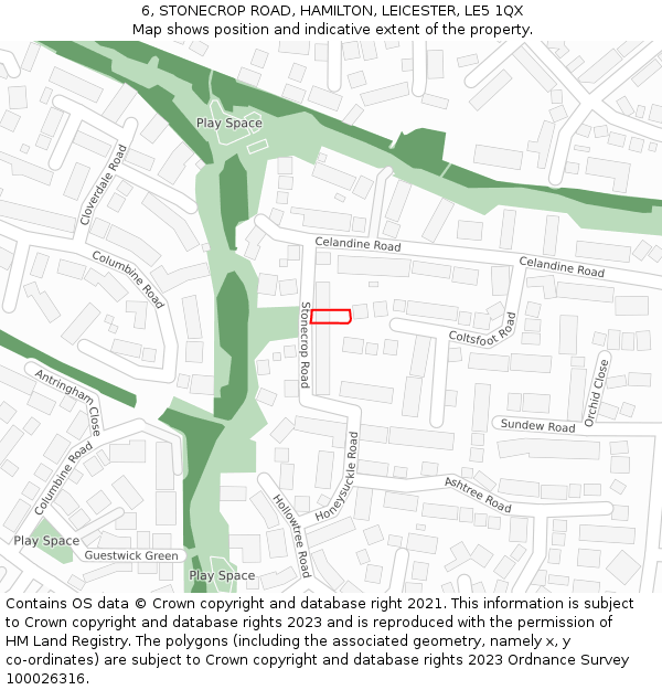 6, STONECROP ROAD, HAMILTON, LEICESTER, LE5 1QX: Location map and indicative extent of plot