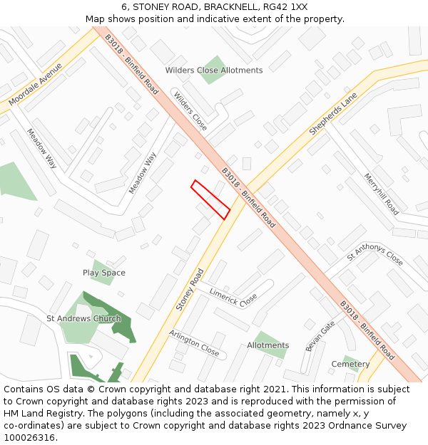 6, STONEY ROAD, BRACKNELL, RG42 1XX: Location map and indicative extent of plot