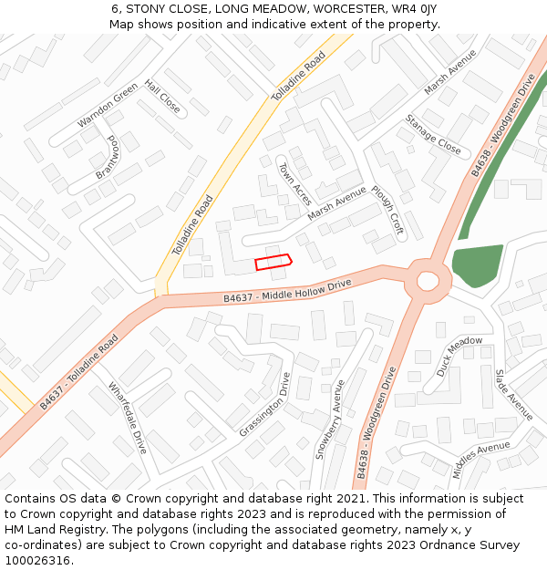6, STONY CLOSE, LONG MEADOW, WORCESTER, WR4 0JY: Location map and indicative extent of plot