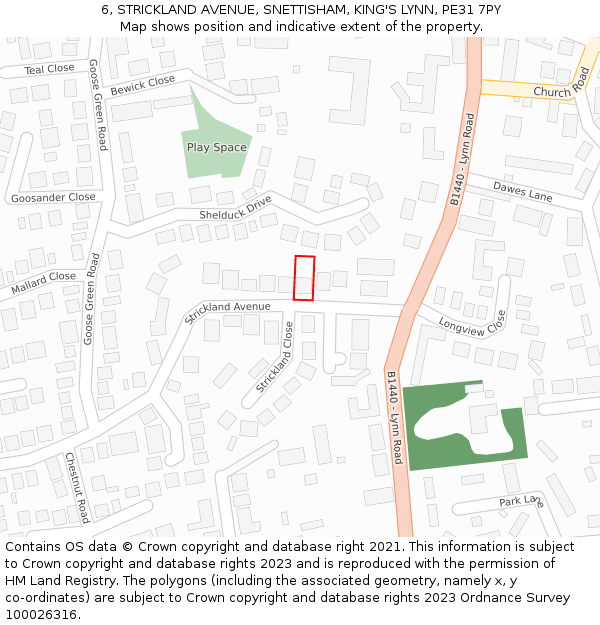 6, STRICKLAND AVENUE, SNETTISHAM, KING'S LYNN, PE31 7PY: Location map and indicative extent of plot