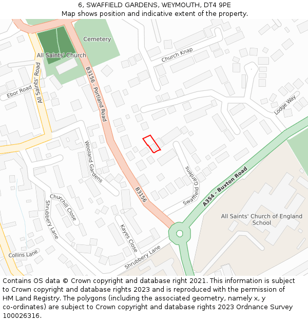 6, SWAFFIELD GARDENS, WEYMOUTH, DT4 9PE: Location map and indicative extent of plot