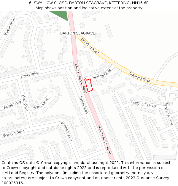 6, SWALLOW CLOSE, BARTON SEAGRAVE, KETTERING, NN15 6PJ: Location map and indicative extent of plot