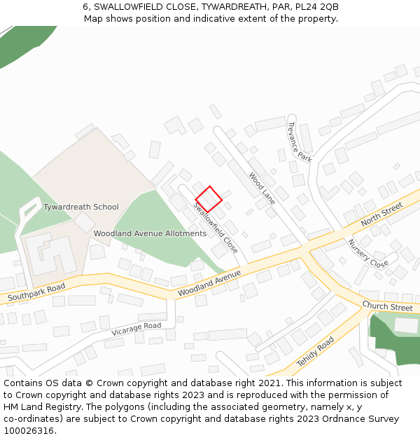 6, SWALLOWFIELD CLOSE, TYWARDREATH, PAR, PL24 2QB: Location map and indicative extent of plot