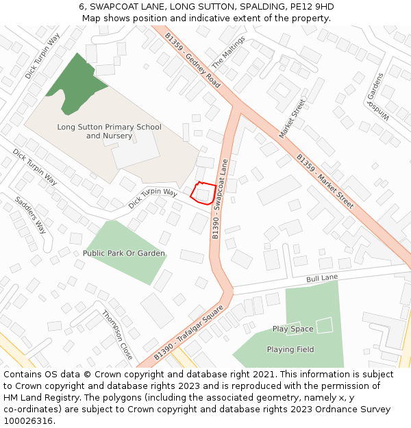 6, SWAPCOAT LANE, LONG SUTTON, SPALDING, PE12 9HD: Location map and indicative extent of plot