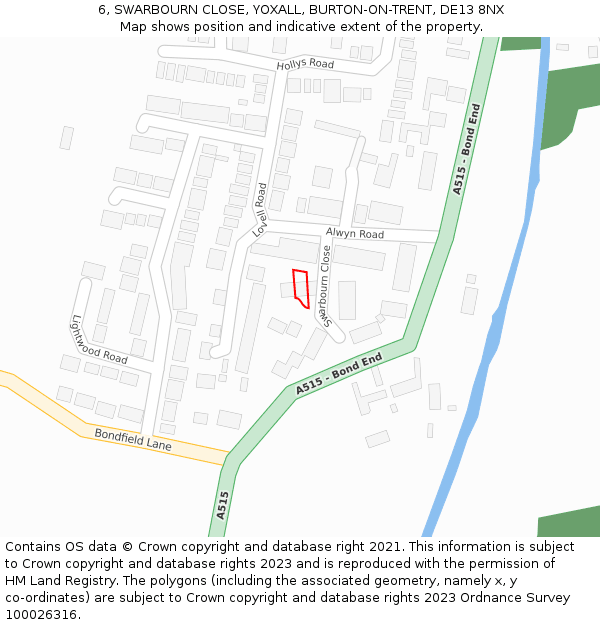 6, SWARBOURN CLOSE, YOXALL, BURTON-ON-TRENT, DE13 8NX: Location map and indicative extent of plot