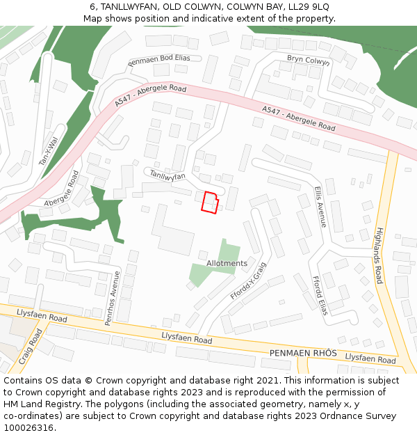 6, TANLLWYFAN, OLD COLWYN, COLWYN BAY, LL29 9LQ: Location map and indicative extent of plot
