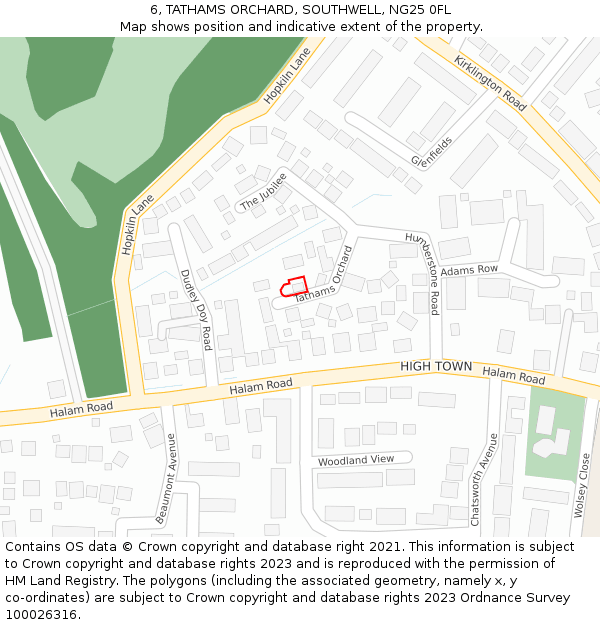 6, TATHAMS ORCHARD, SOUTHWELL, NG25 0FL: Location map and indicative extent of plot