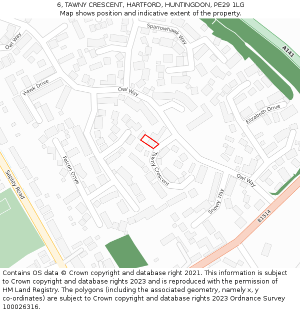 6, TAWNY CRESCENT, HARTFORD, HUNTINGDON, PE29 1LG: Location map and indicative extent of plot