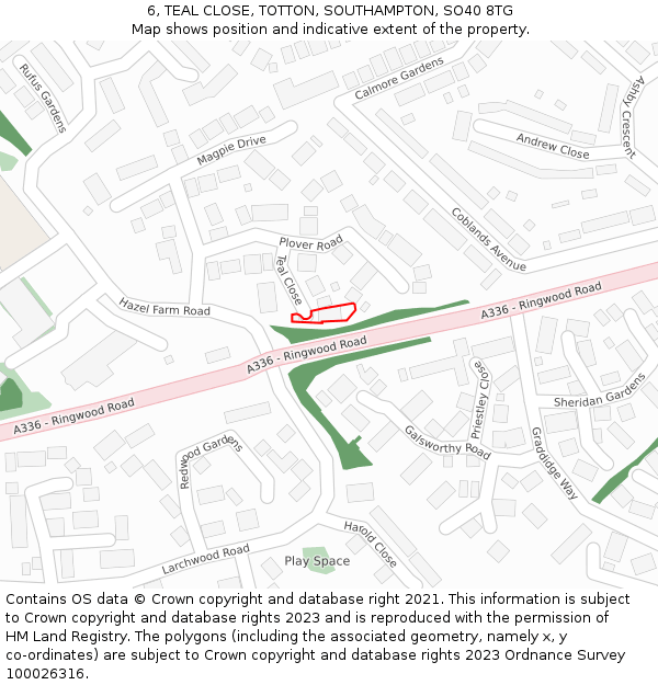 6, TEAL CLOSE, TOTTON, SOUTHAMPTON, SO40 8TG: Location map and indicative extent of plot