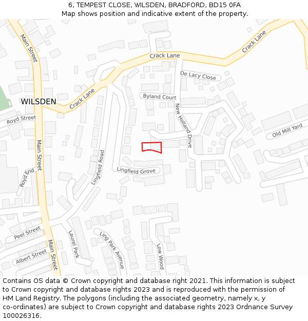 6, TEMPEST CLOSE, WILSDEN, BRADFORD, BD15 0FA: Location map and indicative extent of plot
