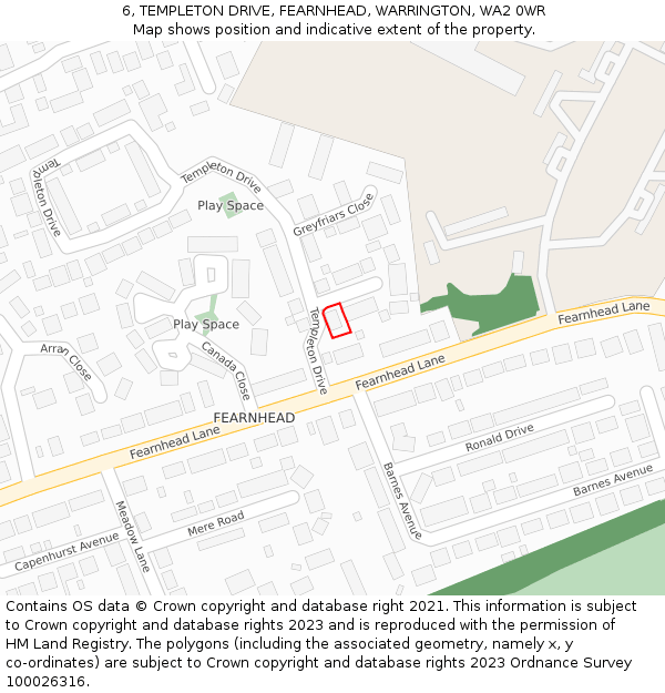 6, TEMPLETON DRIVE, FEARNHEAD, WARRINGTON, WA2 0WR: Location map and indicative extent of plot