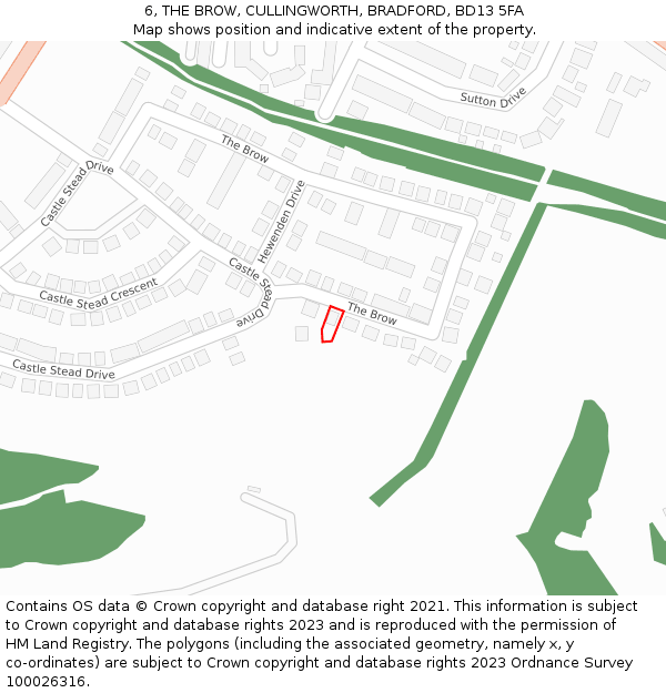 6, THE BROW, CULLINGWORTH, BRADFORD, BD13 5FA: Location map and indicative extent of plot