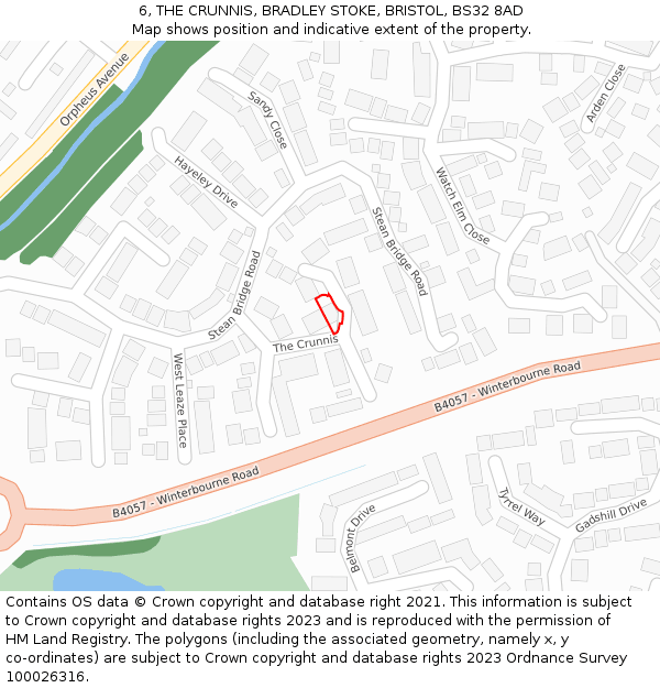 6, THE CRUNNIS, BRADLEY STOKE, BRISTOL, BS32 8AD: Location map and indicative extent of plot