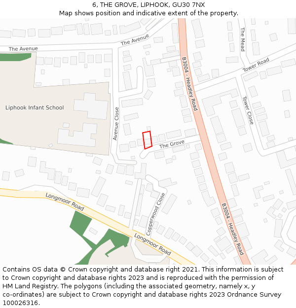 6, THE GROVE, LIPHOOK, GU30 7NX: Location map and indicative extent of plot