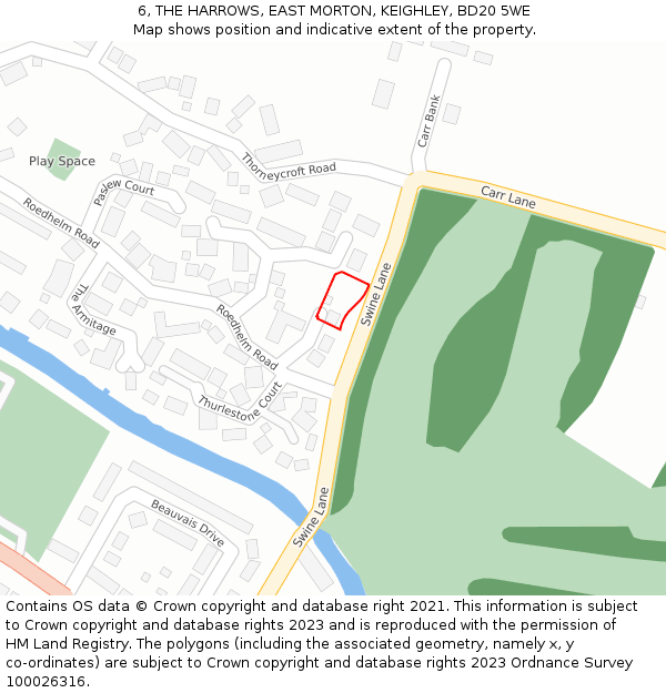 6, THE HARROWS, EAST MORTON, KEIGHLEY, BD20 5WE: Location map and indicative extent of plot