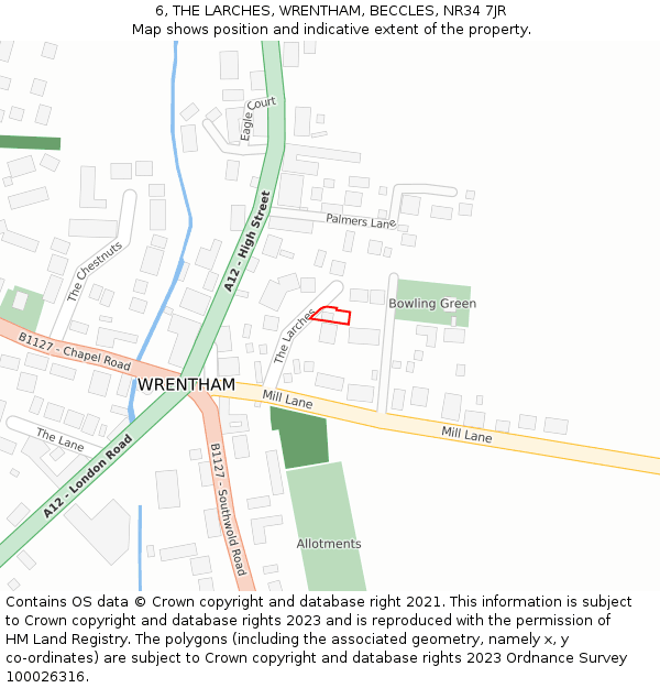 6, THE LARCHES, WRENTHAM, BECCLES, NR34 7JR: Location map and indicative extent of plot