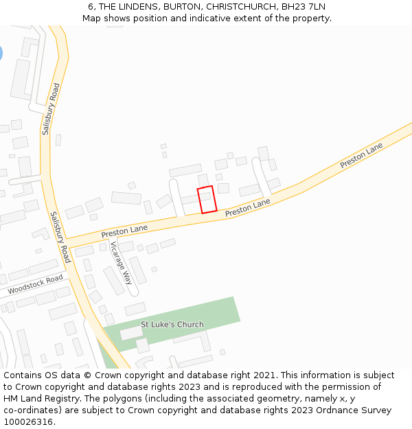 6, THE LINDENS, BURTON, CHRISTCHURCH, BH23 7LN: Location map and indicative extent of plot