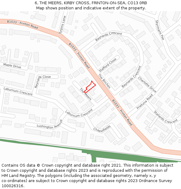6, THE MEERS, KIRBY CROSS, FRINTON-ON-SEA, CO13 0RB: Location map and indicative extent of plot